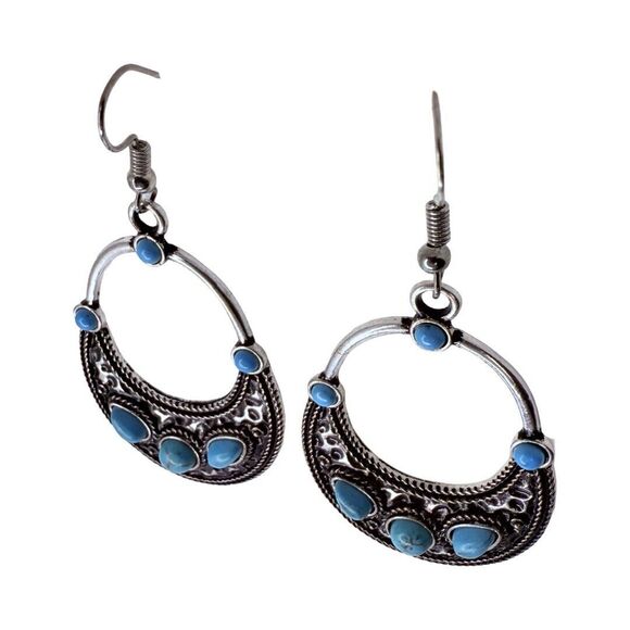 Faux Turquoise Silver Tone Dangle Earrings 2.5" Bohemian Boho Chic Southwestern - Picture 4 of 11